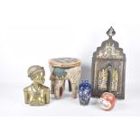 Five decorative Eastern items To include a painted elephant figural jardiniere stand,