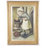 L Van De Valk, Study of a Dutch Girl Standing with a ladle next to a cauldron on a stove,