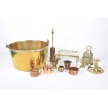 A collection of brass and copper items To include an openwork brass trivet on brass ring turned