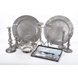 Collection of pewter, mid to late 19th century To include two pairs of candlesticks,