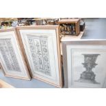 Three architectural black and white prints of classical designs,