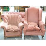 A late Victorian pink velour Chesterfield settee With a padded drop down scroll end,