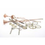 A collection of assorted metalware items To include two copper coaching horns, a third copper horn,