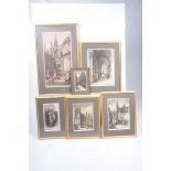 Six various black and white engravings Architectural subjects including figures by a cathedral,