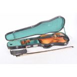 A Chinese made violin, 20th Century 37cm two piece back, complete with case and bow.