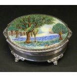 A hallmarked silver and enamel dressing table box Of oval form,