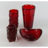 A Whitefriars glass Greek Key vase Designed by Geoffrey Baxter, decorated in the ruby colourway,