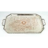 A good quality wrought iron silver-plated on copper twin handled tray Having Arts & Crafts style