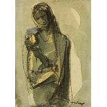 Tadeusz Was (Polish, 1912-2005) - 'Mother and Child' Watercolour and charcoal on paper,