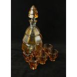 An Art Deco Bohemian style flashed glass seven piece drinking set Comprising decanter of tapering