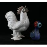 Two Raku fired studio pottery animals To include crackle glazed model of a cockerel, signed SD,