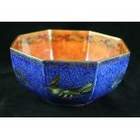 A Wedgwood lustre bowl of octagonal form Decorated with multicoloured birds with gilt highlights,