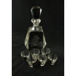 An Art Deco glass seven piece drinking set Comprising decanter of tapering form, height 28cm,