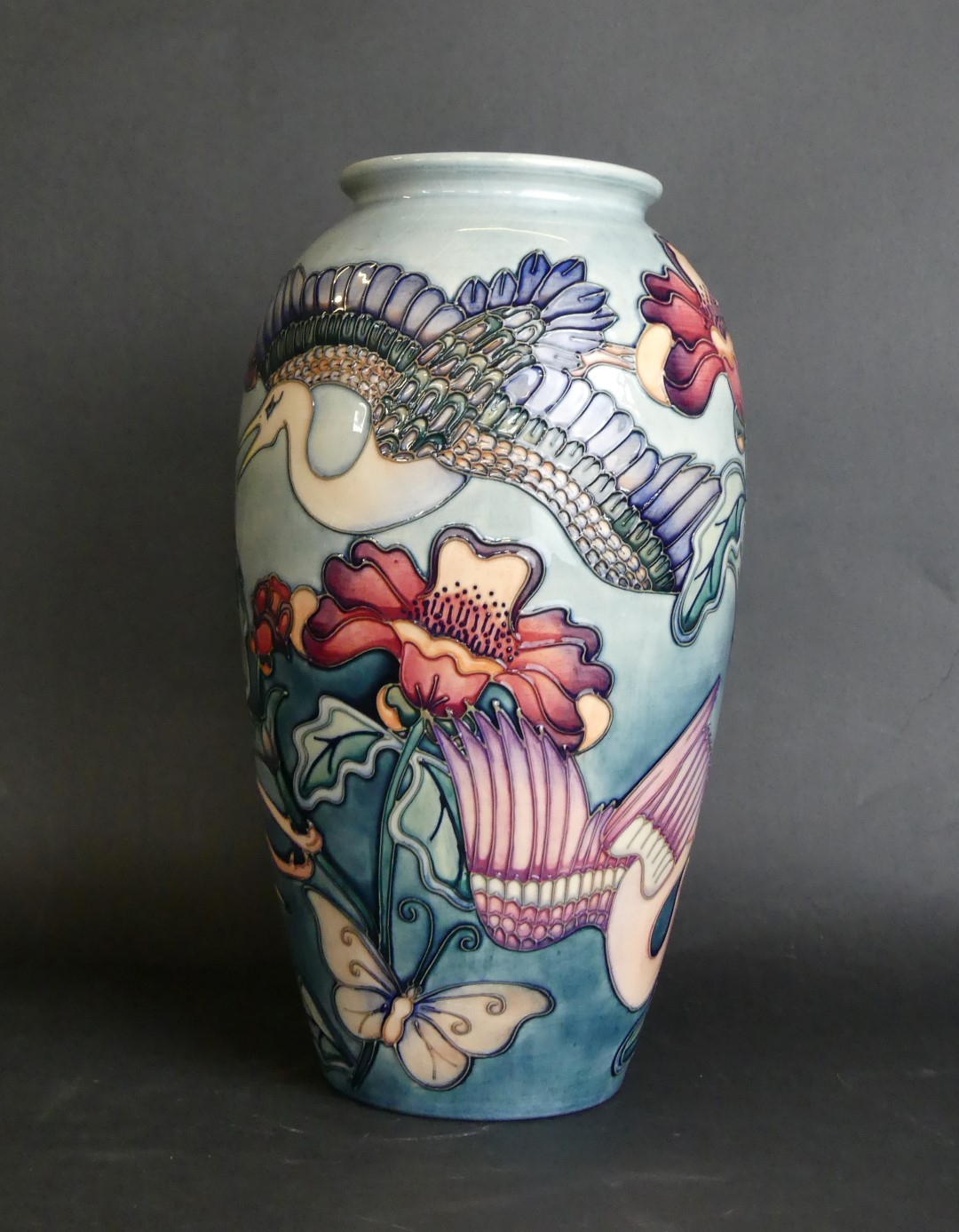 A large and impressive modern Moorcroft trial vase Of ovoid form, decorated with storks,