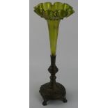 An Art Nouveau posy vase Having detachable green iridescent glass vase with wavy rim,