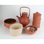 John Ablitt (20th Century) five pieces of studio pottery To include teapot with wicker handle,