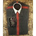 Modern school A three dimensional panel depicting a black shirt with red cruciform decoration,