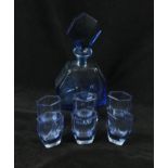 An Art Deco blue glass seven piece drinking set Comprising decanter of conical form, height 25cm,