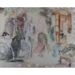 Dina Enoch (b. 1946) - 'Figures and Bicycle' Watercolour, signed and dated 1981, approx.
