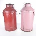 A pair of vintage painted milk churns Each of cylindrical form,