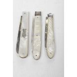 Three mother of pearl and silver pen knives Each with different designs, each blade hallmarked,