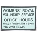 A vintage painted Women's Royal Voluntary Service sign The rectangular painted sign with mitred