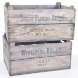 Two vintage apple crates Each of typical rectangular form with handle apertures to either side,