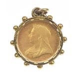 A Victorian half sovereign pendant The half sovereign, dated 1898,