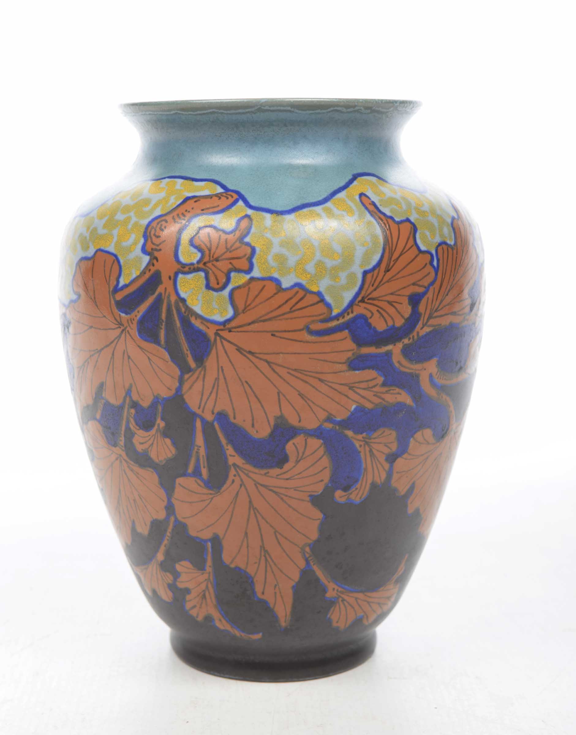 A Dutch Gouda vase Of ovoid form with Autumnal designs of brown and umber leaves reserved against