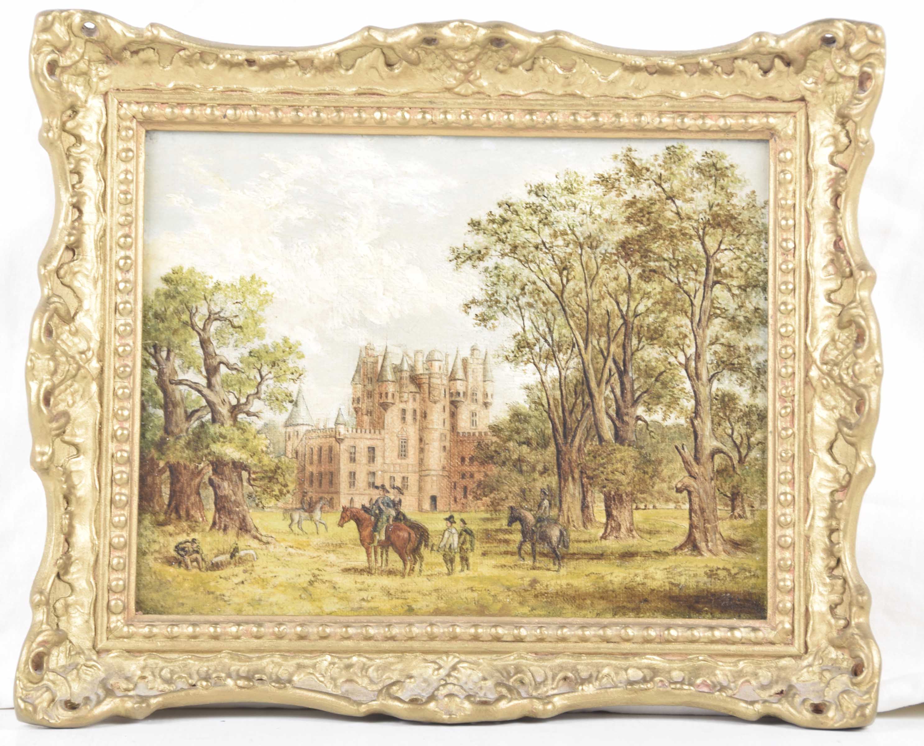 British School (19th Century) - 'Cavaliers before a Chateau' Oil on canvas, unsigned, 17x22cm.