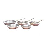 A graduated set of five copper pans Each of typical shallow circular form,