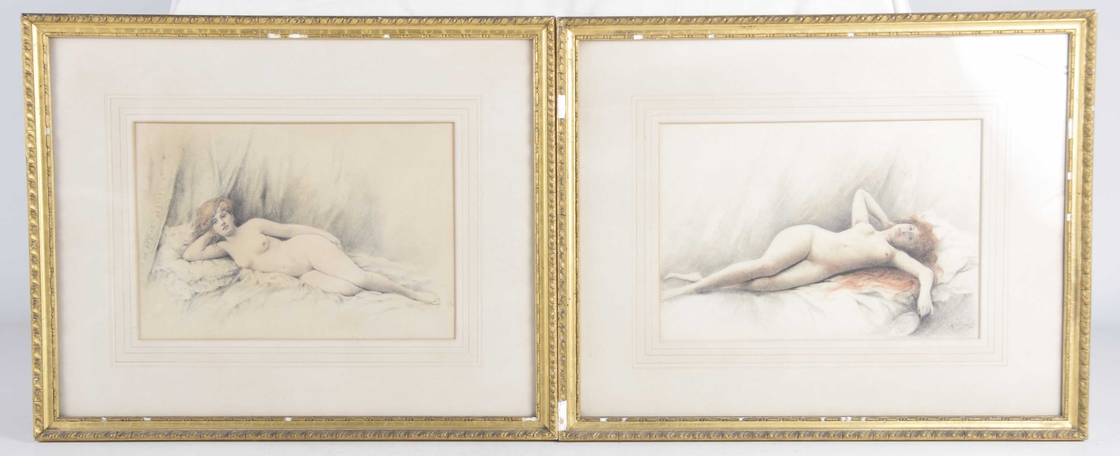 Attributed to Geo Fenile pair of watercolour studies Reclining nude female figures,