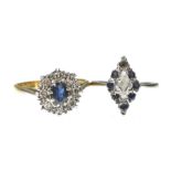 A sapphire and diamond cluster ring The oval shape sapphire to a single-cut diamond surround,