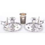 A pair of 19th Century silver plated chamber sticks With snuffers,