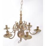 A 20th Century brass six arm chandelier (un-electrified), 40cm high.