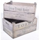 Two 20th Century wooden apple crates Marked London Farmers Market and Lords, 55cm wide.