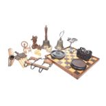 A mixed group of collectable metalware and treen items To include an inlaid chess board,