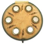 A set of six enamel and mother of pearl buttons To a green circular case (6)