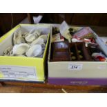 Two boxes of various dolls teawares, dolls house fittings, furnishing and other mixed items.