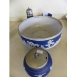 A collection of blue Jasperware, comprising an Adam circular bowl, further preserve jar,