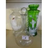 A mixed lot comprising two Mary Gregory style vases, one in clear and one in green glass,