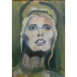 D Robbins - oil on board, head and shoulders portrait, female figure in contemporary pine frame,