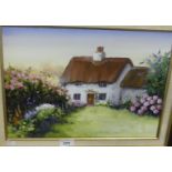 Hilary Mayes - oil on canvas, depicting a thatched roof cottage.
