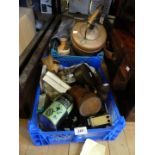 Two small boxes of mixed items to include copper kettle, table lighters, binoculars, cigar cutter,