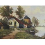 A 20th Century Dutch School oil on canvas, depicting a farmstead by river, in gilt finished frame.