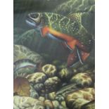 A modern oil on canvas study depicting river scene with fish,