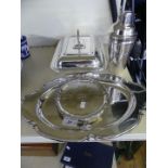A mixed lot of silver-plated items, comprising cocktail shaker, rectangular entree dish,