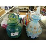 A collection of art glass scent bottles and vases to include Victorian gilt decorated example,