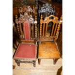 Three early 20th Century carved oak Carolean style hall chairs.