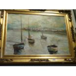 Di Santo - oil on board study, Continental harbour scene,